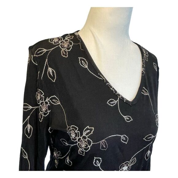 Y2K Briggs NY Embroidered Floral Print Blouse Black V-Neck 3/4 Sleeves M - Picture 2 of 6